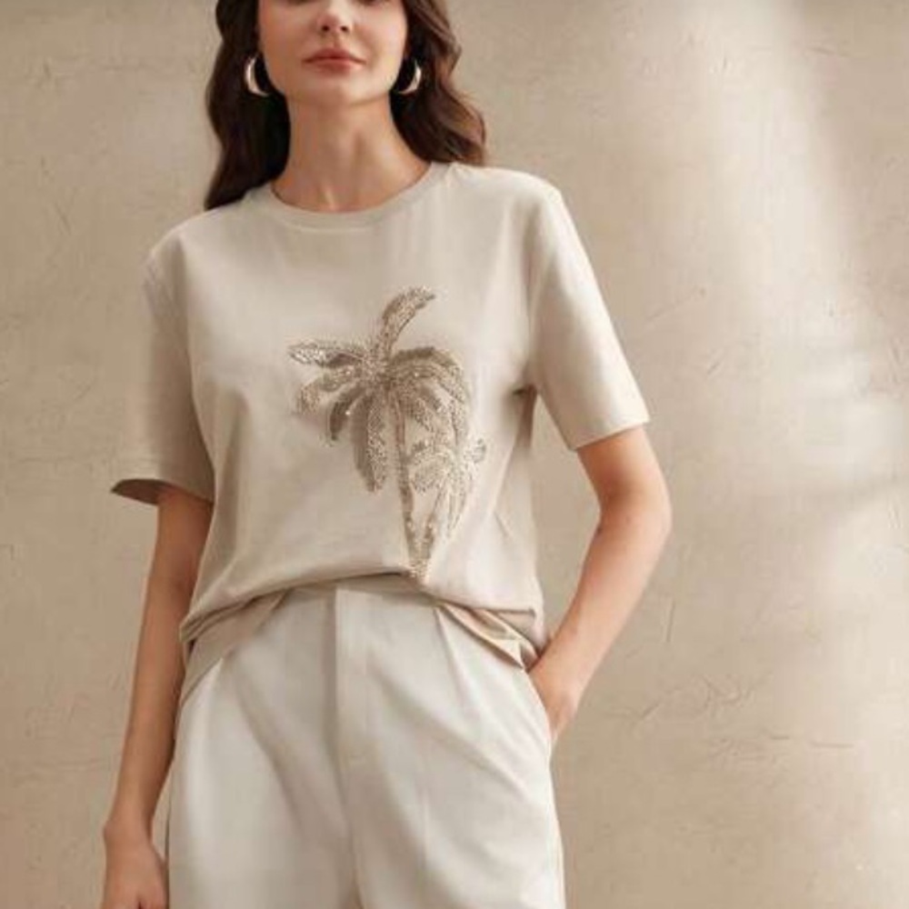Beige Palm tree Embellished Women's Top - Picture 2 of 6